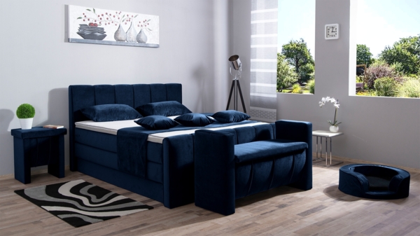 Meisterbetten Boxspringbett Roki 160x220 in VS-Royalblau, Matratzenbezug Nano, Ergoflex-Topper, mit Fussteil
