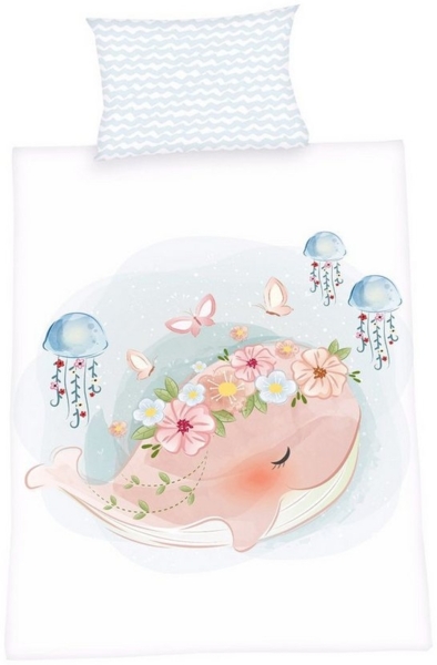 Herding Babybettwäsche 100x135cm Wal Qualle Rosa Hellbau, Renforcé, 2 teilig, süßes Walmotiv mit hellblauen dezenten Wellen auf der Rückseite