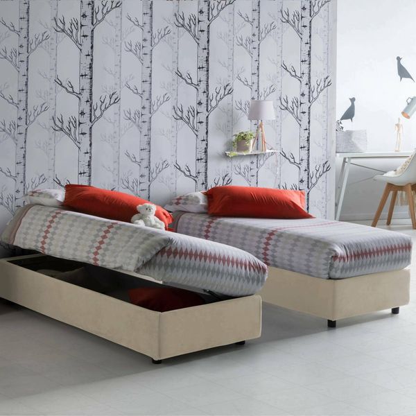 Talamo Italia - Einzelbett Diana, Bettkasten mit Stoffbezug, 100 % Made in Italy, seitliche Öffnung, inklusive Matratze 80x190 cm, Beige