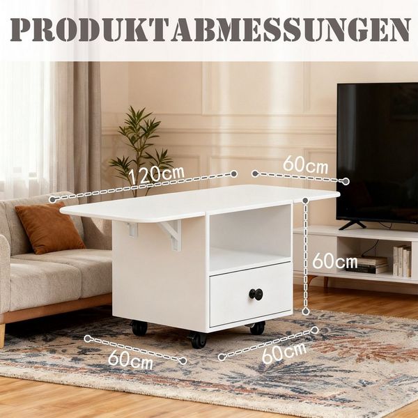 TWSOUL Couchtisch Vielseitiger Wohnzimmertisch mit Schubladen und Aufbewahrung, 120-60Lx 60Bx60H, Beistelltisch Sofatisch auf Rollen, ausziehbar Weiß