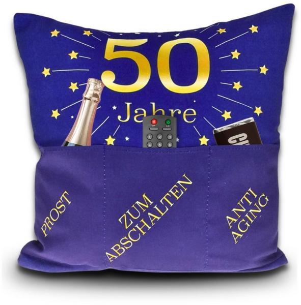 Bada Bing Dekokissen Kissen zum 50sten Geburtstag mit Taschen zum befüllen Geschenkidee, mit 3 Taschen zum befüllen