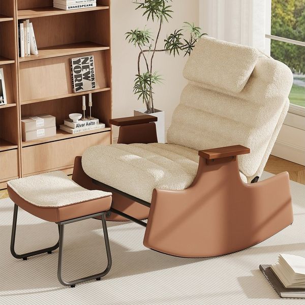 SEEZSSA Ohrensessel Schaukelstuhl Relaxsessel (Set, 1-St, 3-stufia verstellbare Rückenlehne), Wohnzimmersessel mit Armlehnen und Hocker Teddystoff,Beige