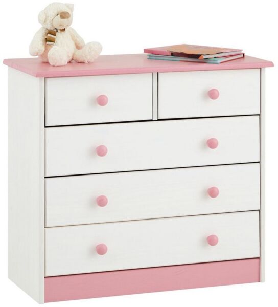 IDIMEX Kommode Rondo, schöne Anrichte mit 5 Schubladen, praktisches Sideboard aus massiver Kiefer in weiß/rosa, Zeitlose Schubladenkommode mit Holzgriffe