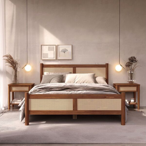IDIMEX Massivholzbett CEFIRA, Doppelbett 160x200 cm aus Massivholz & Rattangeflecht Kastanie Finish