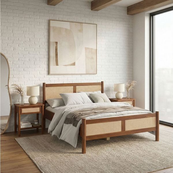 IDIMEX Massivholzbett CEFIRA, Doppelbett 160x200 cm mit Rattangeflecht Kastanie Finish