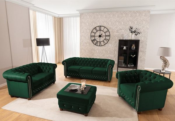 S-Style Möbel Polstergarnitur Chesterfield 3+2+1 Cleo Blink aus Samt mit Kristallsteppung, (1x3-Sitzer-Sofa, 1x2-Sitzer-Sofa, 1x Sessel), mit Wellenfederung