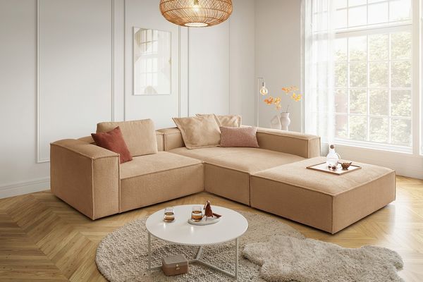 KAWOLA Sofa CARMO Ecksofa Stoff creme mit Hocker Recamiere rechts 68 x 191 x 306 cm