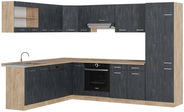 Eckküche R-Line Schwarz Beton/Goldkraft Eiche 287 x 60 cm AP Eiche Vicco