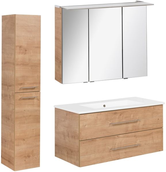 FACKELMANN B.PERFEKT Badmöbel Set 4-teilig 103 cm breit, Braun hell, Waschbecken Keramik Weiß + LED Spiegelschrank + Hochschrank