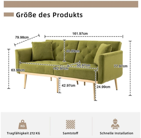 AUKWIK 2-Sitzer Klappsofa mit Bettfunktion + 2 passenden Kissen, 162(L)x80(B)x78(H) cm, platzsparend, verstellbare Rückenlehne (Schlaffunktion), Sitzfläche aus Samt/Fleece, Multifunktional & Luxus Bild 2