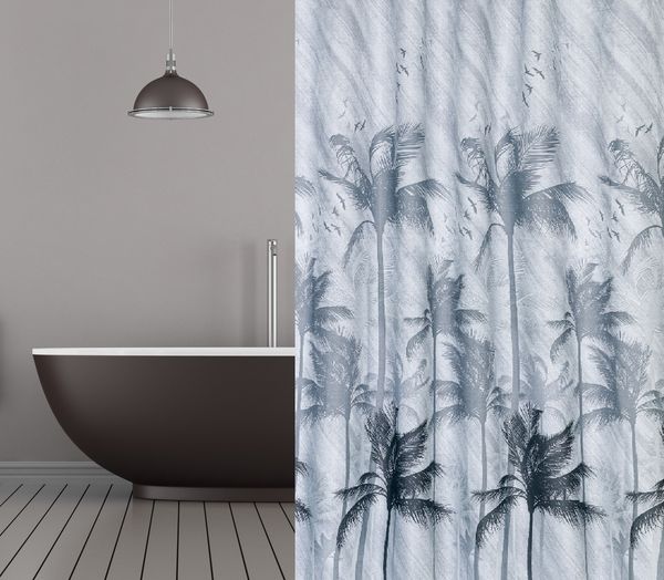 Textil Duschvorhang Palmen grau schwarz 180x200 cm hellgrau inkl. Duschvorhangringe