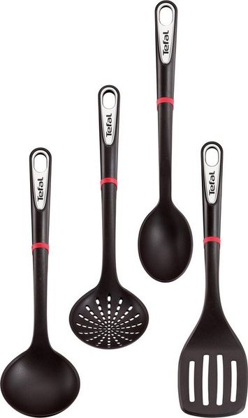 Tefal Ingenio K206S4 Küchenhelfer-Set | Suppenkelle, Gemüselöffel, Löffel, Bratwender | Kunststoff | Schwarz/Silber/Rot- 17,2 x 8,1 x 36 cm (LxBxH)