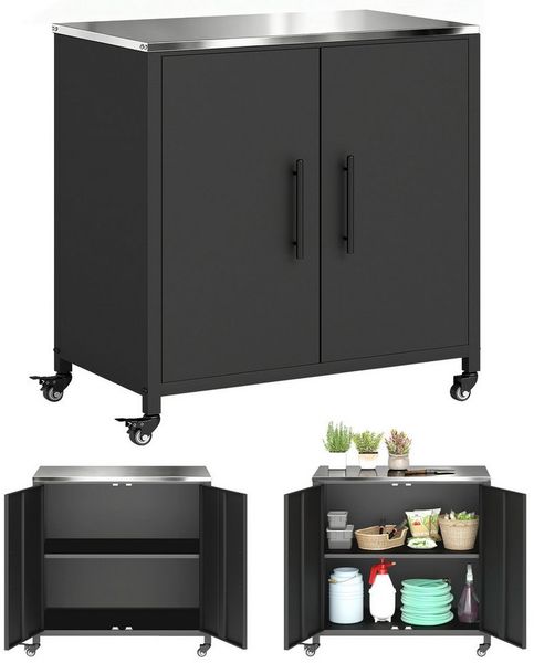 Outsunny Garten-Geräteschrank mit Arbeitsplatte, abnehmbar Regal, magnetisch Doppeltür, Rolle, BxT: 80x50 cm, (Outdoor Gartenschrank, 1 St, Pflanztisch mit Unterschrank), für Garten Balkon 80 x 50 x 90 cm
