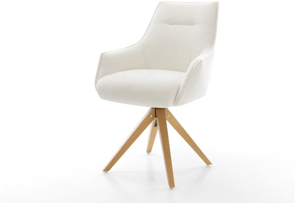 Drehstuhl Alja-Flex mit Armlehnen Bouclé Soft Beige Holzgestell kantig Natur 180° drehbar Taschenfederkern