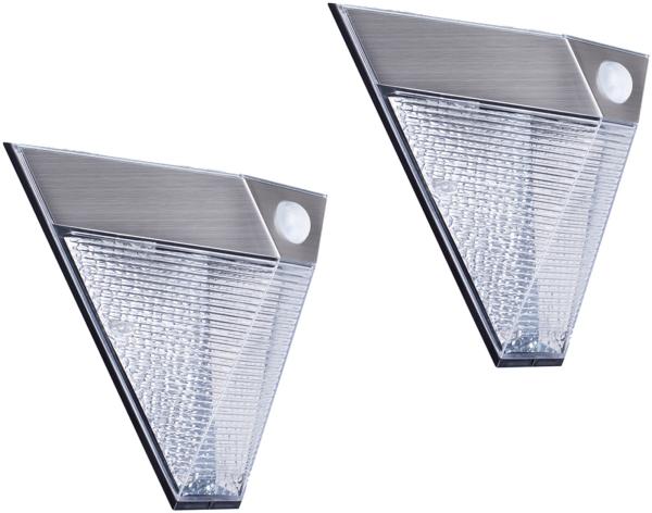2er Set Dreieckige LED Solar Außenleuchte, Bewegungsmelder, Edelstahl, Downlight