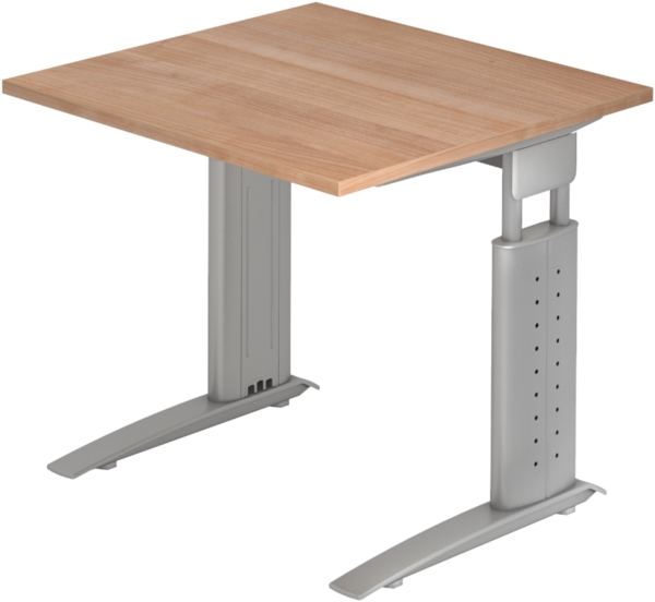 bümö höhenverstellbarer Schreibtisch U-Serie 80x80 Nussbaum, Gestell in Silber - PC Tisch klein für's Büro manuell höhenverstellbar, Computertisch verstellbar, US-08-N-S