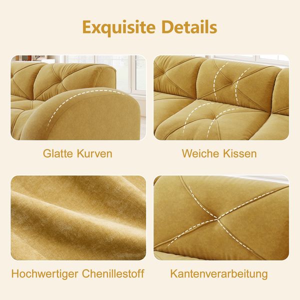 Flieks Modulares Sofa 3-Sitzer, Cloud Sofa mit runden Armlehnen, Chenille weich, rahmenlos bodennah, Lounge Sofa, Gelb Bild 6