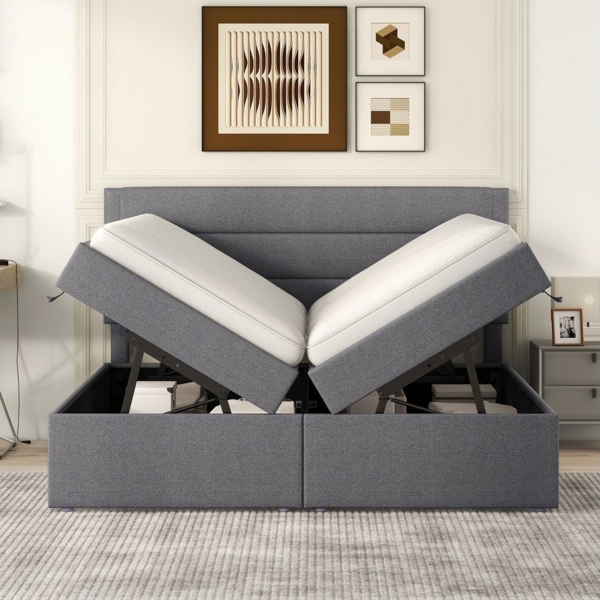 TavilaEcon Boxspringbett Doppelbett mit Lattenrost aus Metallrahmen und großem Stauraum, Beidseitig zu öffnen, 140×200cm, grau Bild 2