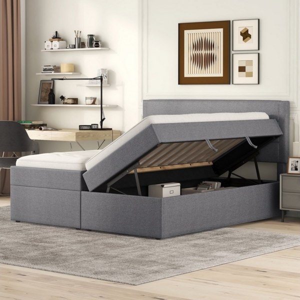 TavilaEcon Boxspringbett Doppelbett mit Lattenrost aus Metallrahmen und großem Stauraum, Beidseitig zu öffnen, 140×200cm, grau Bild 3