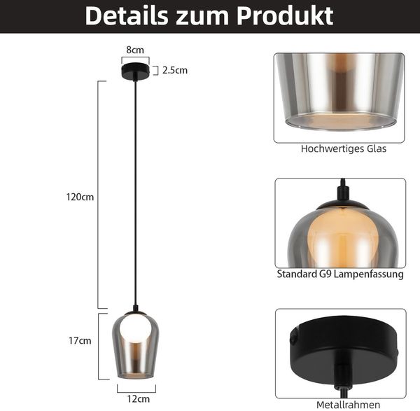 ZMH Pendelleuchte Schlafzimmer Hängelampe Schwarz - 1 Flammig Hängeleuchte Glas Esstischlampe Hängend G9 Nachtisch Pendellampe Höhenverstellbar für Wohnzimmer Esstisch Flur (ohne Leuchtmittel) Bild 4