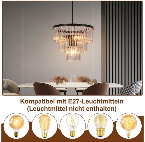 ZMH Pendelleuchte Esszimmer E27 Kristall Design Hängelampe für Wohnzimmer Küche, Hochwertige Design, ohne Leuchtmittel, Schwarz Hängend Schlafzimmerlampe MAX. 25W