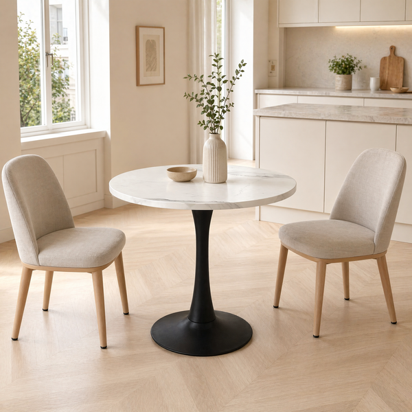 Esstisch 75*80*80 cm rund, MDF in Weiß-Marmoroptik, schwarzes Metallgestell, für 2-4 Personen