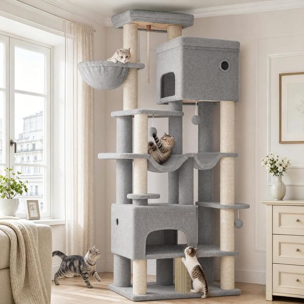 Kratzbaum 185 cm XL, mit 10 Kratzsäulen, 2 Höhlen, 2 Hängematten, große Plattform, Katzenbürsten, Schwerer Katzenbaum für Maine Coon, große Katzen, Hellgrau