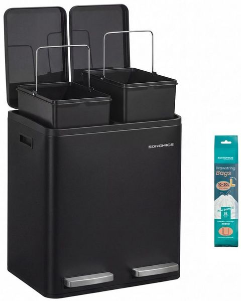 SONGMICS Abfalleimer 2 Fächer, Mülleimer 2 x 30 L, Tretmülleimer Softclose-Deckel, Küche, herausnehmbare Inneneimer, schwarz Bild 5
