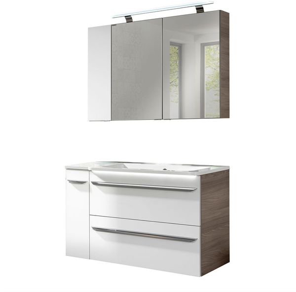 FACKELMANN LUXOR Badmöbel Set 5-teilig 100 cm breit, Weiß/Braun hell, Waschbecken Gussmarmor Weiß + LED Spiegelschrank + Unterschrank + Hängeschrank Türanschlag links