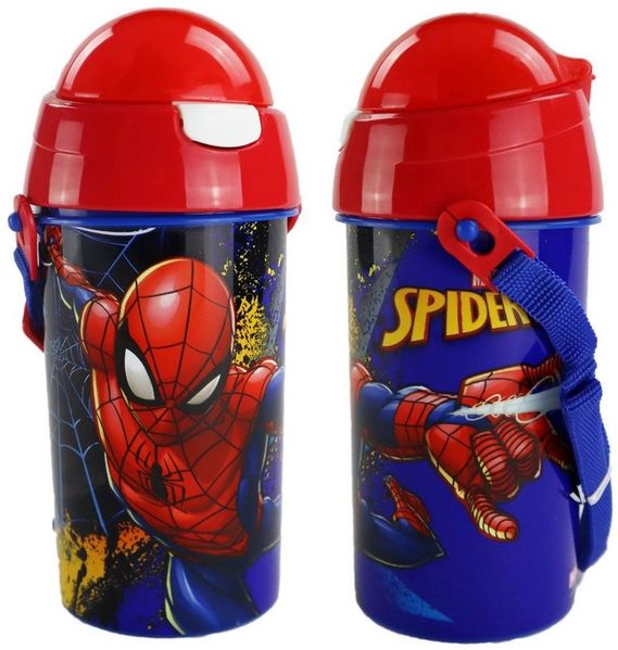 MARVEL Trinkflasche Marvel Spiderman Kinder Wasserflasche 500 ml, Flasche mit integriertem Trinkhalm und Tragegurt
