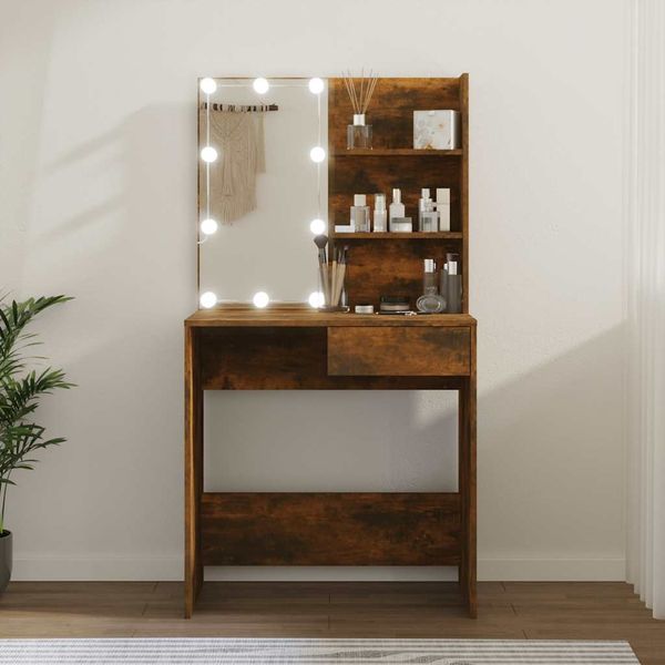 Schminktisch, Kosmetiktisch mit LED Braun Eiche 74,5 x 40 x 141 cm