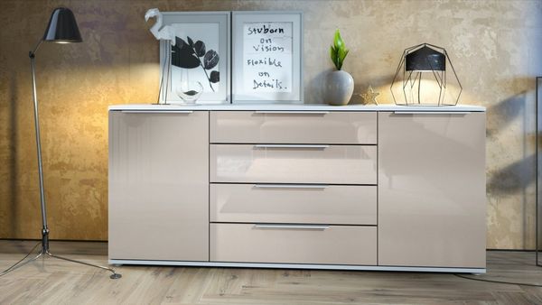 Vladon Sideboard Porto V2 (Anrichte, mit 2 Türen und 4 Schubladen), Weiß matt/Sandgrau Hochglanz (166,5 x 72,5 x 35 cm)