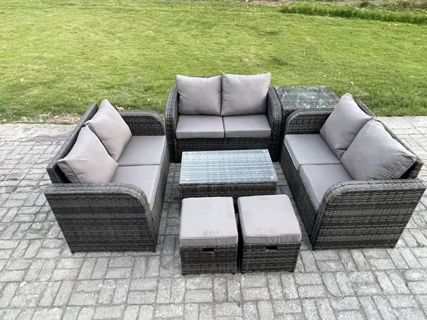 Fimous Gartenmöbel-Sets 8-Sitzer Polyrattan Möbel Sofa Sets mit Rechteckiger Couchtisch Love Sofa Beistelltisch 2 kleine Fußhockern Dunkelgrau Gemischt
