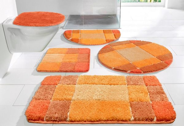 OTTO home Badematte Pia, Badvorleger, Badezimmer Teppich, Höhe 20 mm, rutschhemmend beschichtet, schnell trocknend, strapazierfähig, fußbodenheizungsgeeignet, Polyester, halbrund, Badteppich, karierte Badematten, rechteckig, rund & als 3-tlg. Set