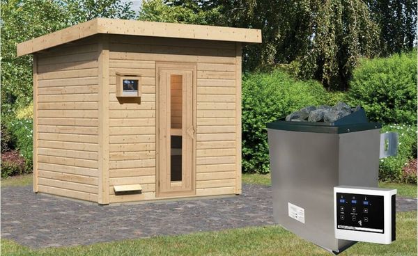 Karibu Sauna Hytti 3 naturbelassen mit 9 kW Ofen mit externer Steuerung