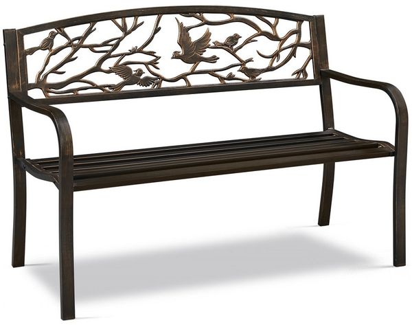 Yaheetech Gartenbank aus Pulverbeschichtetem Metall mit Vogelmuster im Vintage-Stil, 3-Sitzer-Metallbank für Garten/Terrasse/Balkon