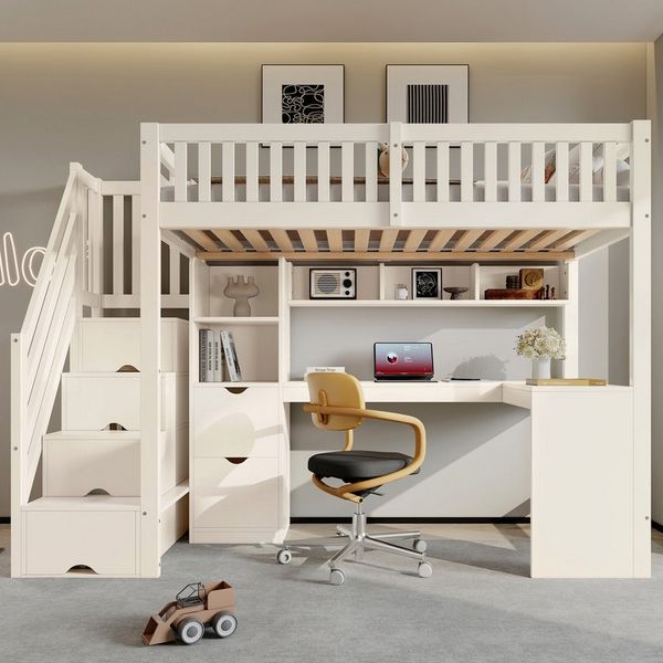 Flieks Hochbett Kinderbett 90x200cm mit Stauraumtreppe Schreibtisch & vielen Stauraum