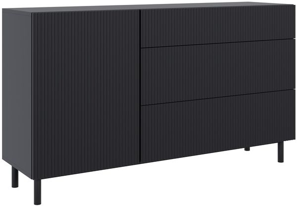 Selsey Kommode Mit Schubladen, 140 cm Breit, Schwarz Moderne Kommode Mit Einer Tür Und Gefräster Front, 3 Leisen Schubladen, Kommoden & Sideboards, Stabilität Durch Metallfüße