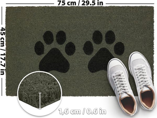 BRUBAKER Fußmatte Pfoten - 45 x 75 cm Hunde und Katzen - Fußmatte für Außen und Innen, Türvorleger für Hundebesitzer & Katzenbesitzer, Höhe: 15 mm, Schmutzfangmatte aus 100% Kokos - Wetterfest & Rutschfest