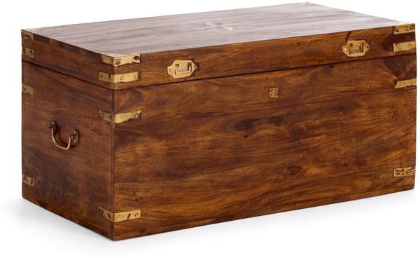 Truhe Merlow groß Akazie massivum 87x44x48 cm Sitztruhe Holztruhe Massivholz braun mit Deckel Stauraum Wohnzimmer Flur Kolonialstil
