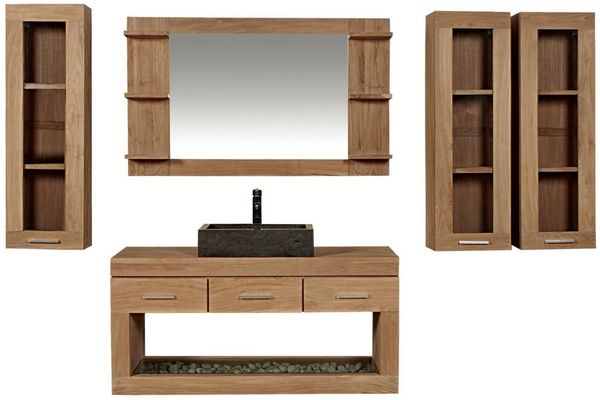 Badmöbel Set Boras Teak Massivholz - Breite vom Unterschrank: 90 cm - Breite vom Spiegel: ohne Spiegel - Anzahl der Hängeschränke: 3 Schränke - Handtuchhalter: ohne Handtuchhalter