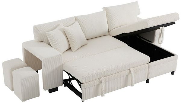 MODFU Ecksofa mit Schlaffunktion, Stauraum, Freizeitsofa, 3-Sitzer-Umbausofa mit Seitenablagen und Stauraum