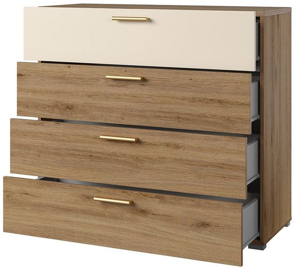Lomadox Kommode VARESE-83, Eiche beige 4 Schubkästen goldfarbene Griffe 100x91,4x40,5 cm