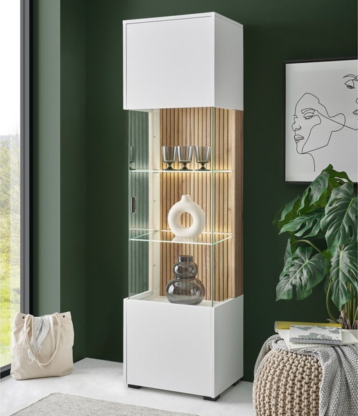 Lomadox Stauraumschrank HUNTER-61 Glasvitrine Vitrinenschrank Standvitrine weiß matt Eiche 48,5x180x38cm
