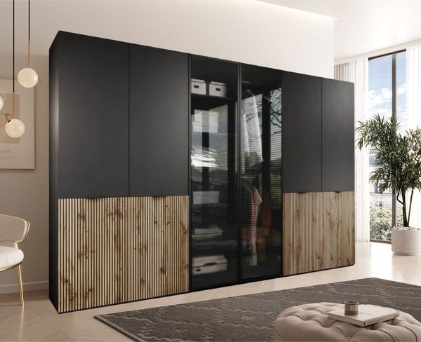 MOEBLO Drehtürenschrank MINEWRA ANTISOL 300 (Moderner Drehtürenschrank mit getönter Glasfront – viel Stauraum, verstellbare Einlegeböden & Kleiderstangen – robuster 6-türiger Kleiderschrank für Schlafzimmer und Garderobe) (BxHxT): 303x200x49 cm