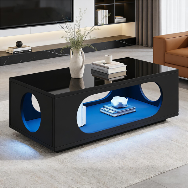 Merax Couchtisch mit LED-Beleuchtung (App-Steuerung), 100x50x35cm, Hochglänzender, durchbrochener kaffeetisch, Beistelltisch mit großem Stauraum, Sofatisch, Schwarz