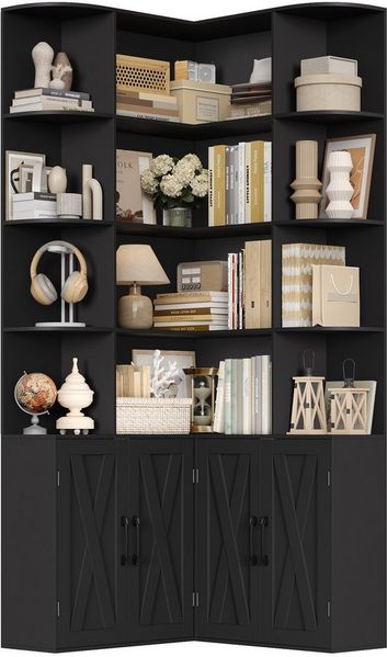 Homfa Bücherregal 187 cm hoher Bücherschrank mit Türen Eckregal, Eckbücherregal Standregal L-förmiger Eckschrank 80 x 80 x 187 cm