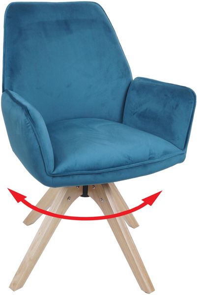 Esszimmerstuhl HWC-G67, Esstischstuhl Küchenstuhl Stuhl mit Armlehne, drehbar Holz Samt 320 g/m² MVG ~ türkis-blau