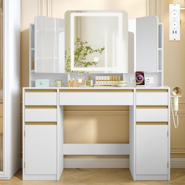 Schminktisch, Schminktisch mit Dreifachem Spiegel, Haartrocknerhalter, Stauraum Hinter Dem Spiegel, Frisiertisch mit Schubladen, Ablageschrank, Offenen Fächern Weiß