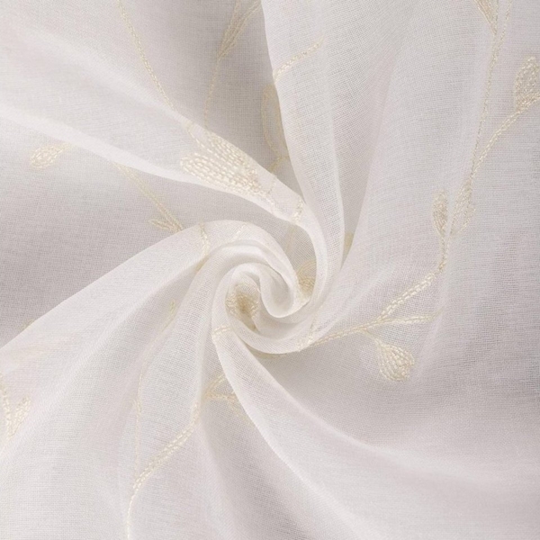 Woltu Gardine (2 St), halbtransparent, Blumen Stickerei mit Schlaufen Leinen Optik Bild 2